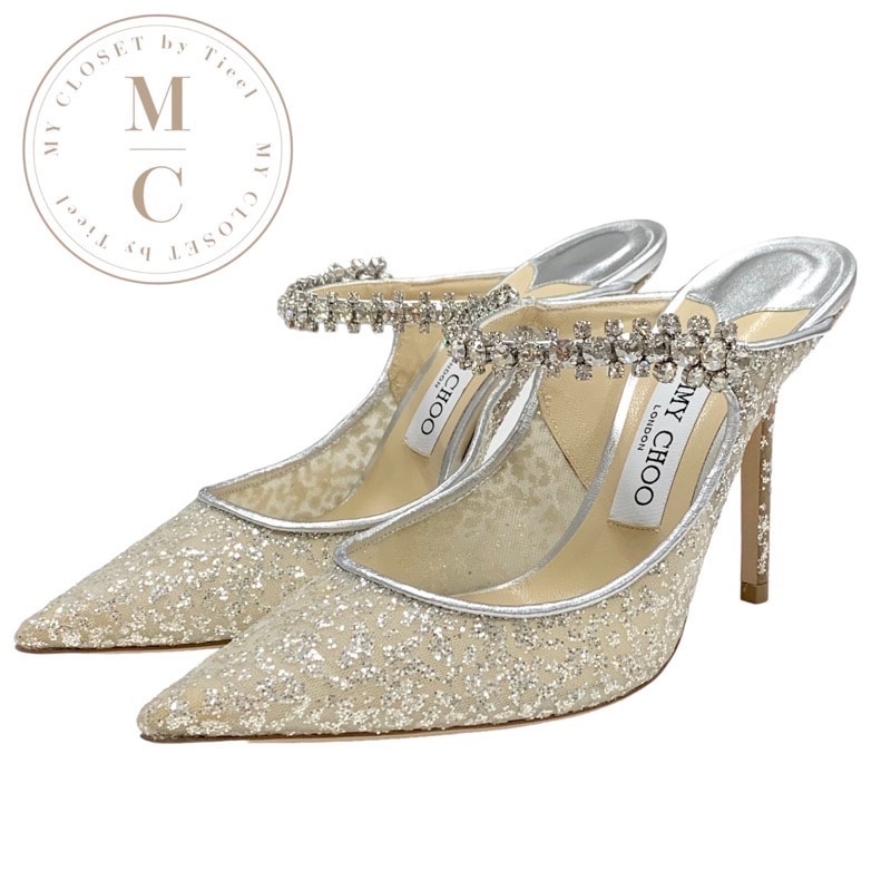 ジミーチュウ JIMMY CHOO Bing 100 パンプス 靴 シューズ メッシュ レザー シルバー ベージュ ビジューストラップ ラメ ミュール パーティーシューズ