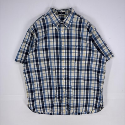古着 ノーティカ NAUTICA 半袖シャツ ボタンダウン 刺繍ロゴ 胸ポケット ショートスリーブ XL ネイビー系 チェック メンズ