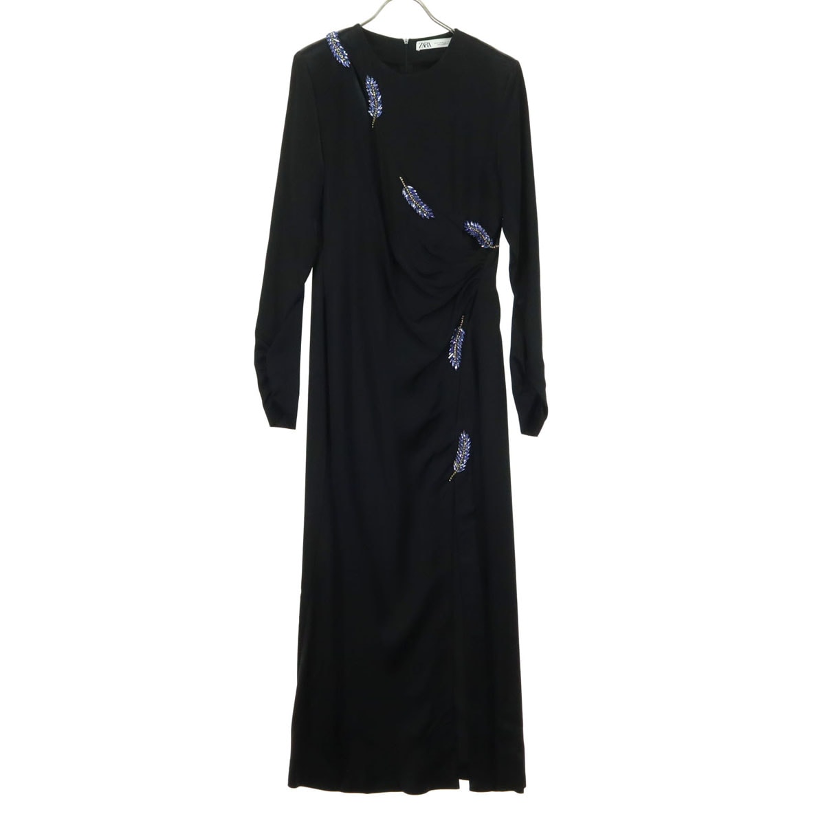 ZARA ザラ フェザー柄 長袖 ロングワンピース M ブラック ラインストーン