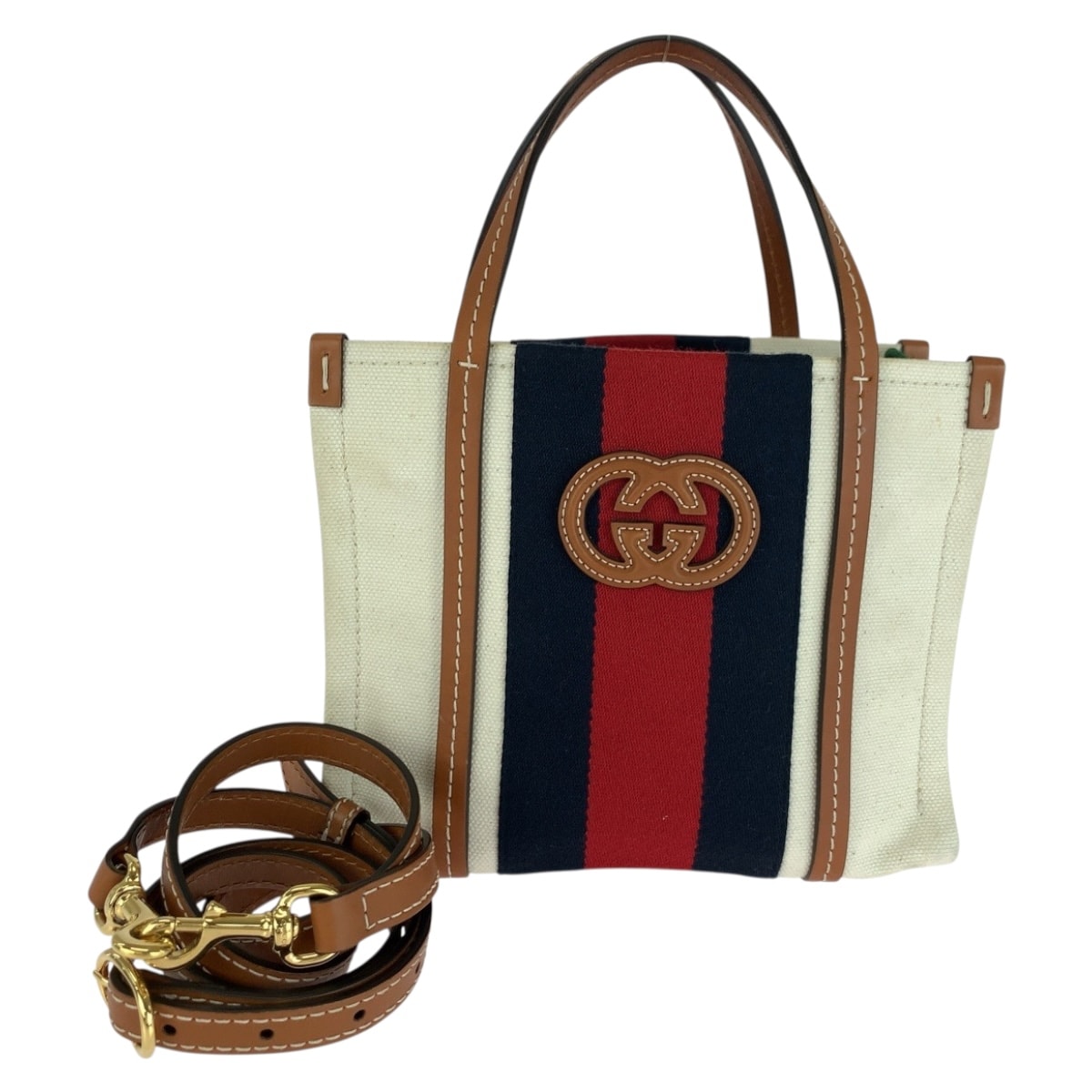 美品 GUCCI グッチ インターロッキング ホワイト ブラウン ゴールド金具 キャンバス ショルダーバッグ トートバッグ 2way 505273 【中古】