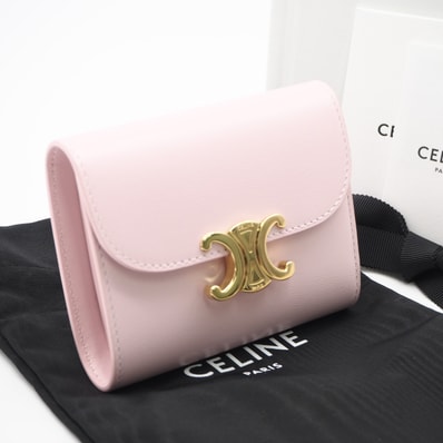 極美品 CELINE セリーヌ トリオンフ スモール フラップウォレット ダーティピンク 10D783 三つ折り財布 ピンク カーフレザー レディース