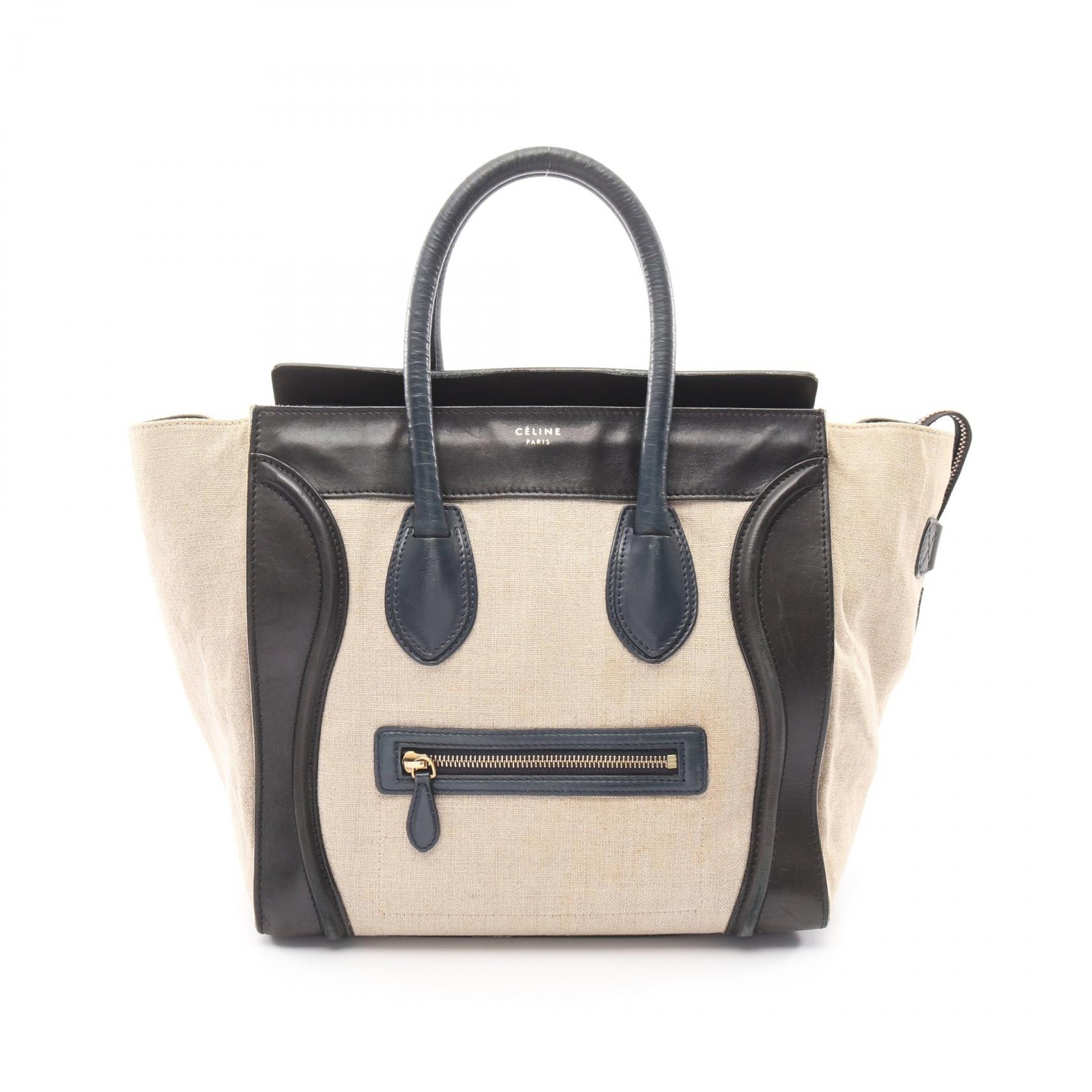 セリーヌ CELINE ラゲージ ミニ ショッパー ハンドバッグ バッグ キャンバス レザー レディース ベージュ系 / ブラック系 / ネイビー系 165212 【中古】