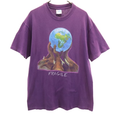 Hanes ヘインズ 90s USA製 オールド エレファント プリント 半袖 Tシャツ L パープル BEEFY-T シングルステッチ 象 アニマル