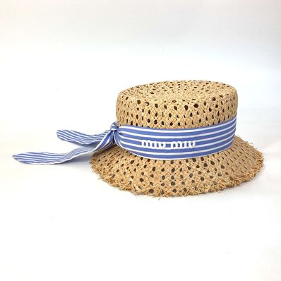 ミュウミュウ 5HC244 ストライプ リボン 麦わら帽子 ハット帽 ラフィア