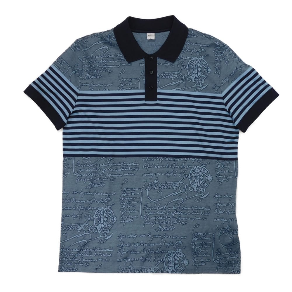 Berluti ベルルッティ スクリット ポロシャツ L ストライプ ボーダー ハーフボタン 未使用 カリグラフィ コットン ブルーマジョレル 半袖シャツ R19JPS44JAEP