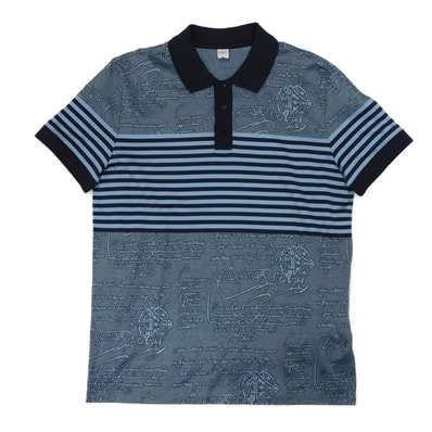 Berluti ベルルッティ スクリット ポロシャツ L ストライプ ボーダー ハーフボタン 未使用 カリグラフィ コットン ブルーマジョレル 半袖シャツ R19JPS44JAEP