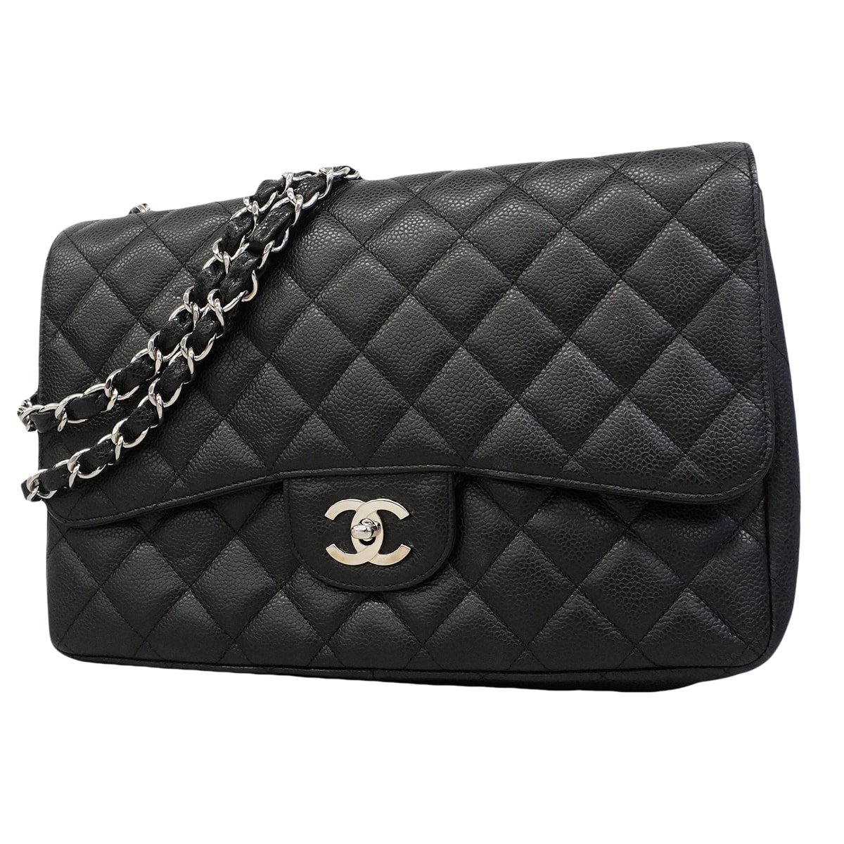 【6gd4342】シャネル ショルダーバッグ デカマトラッセ Wチェーン キャビアスキン ブラック シルバー金具【中古】レディース