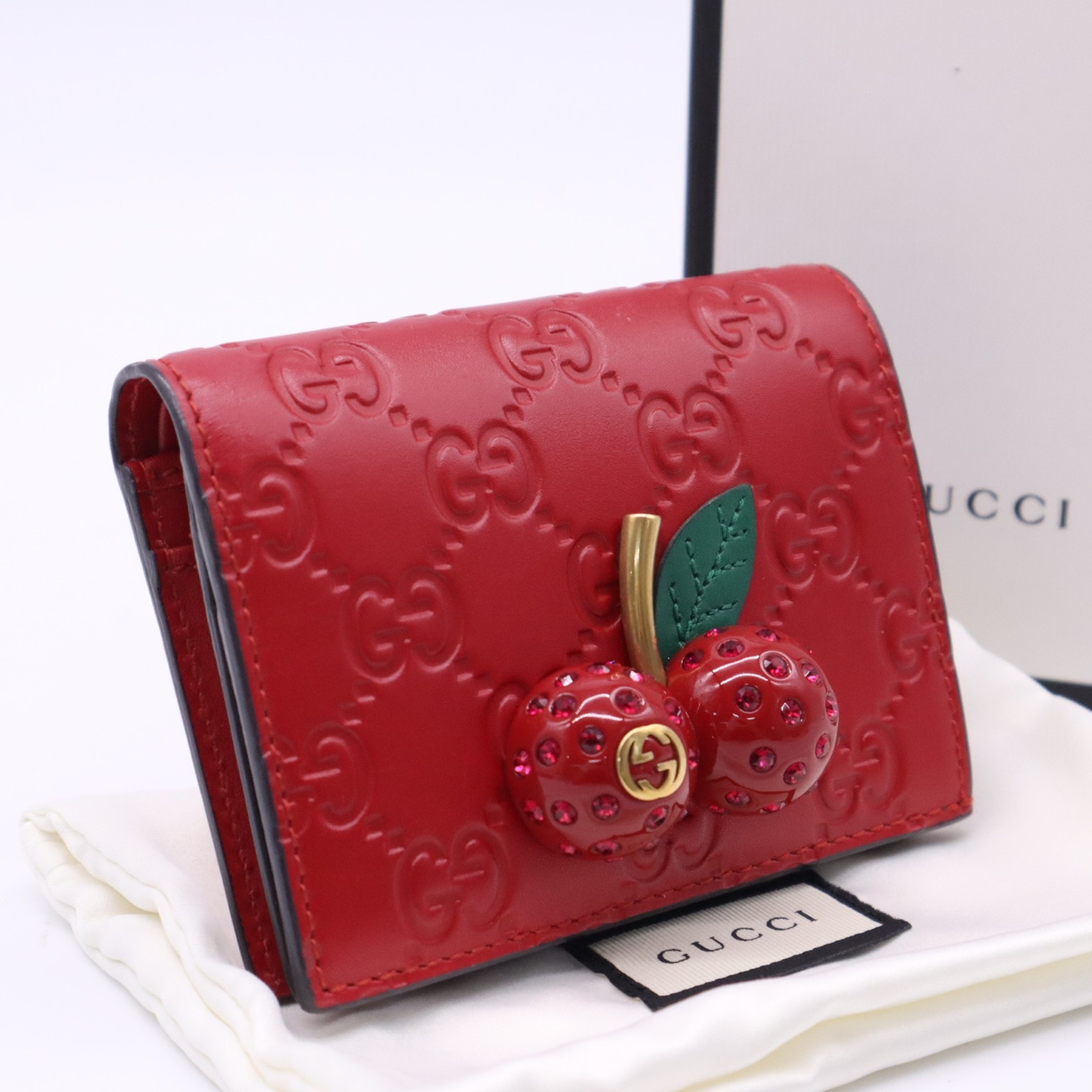 美品 GUCCI グッチ GGスプリーム チェリー レザー コンパクトウォレット 476050 二つ折り財布 レッド グリーン レザー レディース