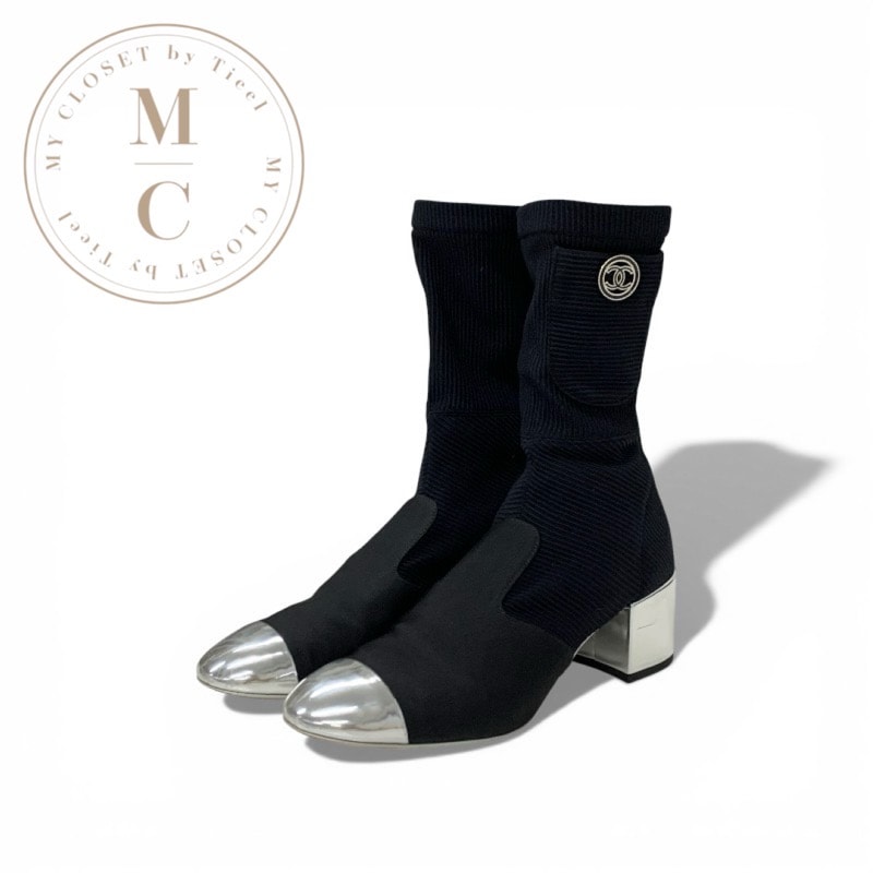 シャネル CHANEL ブーツ ショートブーツ 靴 シューズ ファブリック パテント ブラック メタリックシルバー ココマーク ポケット