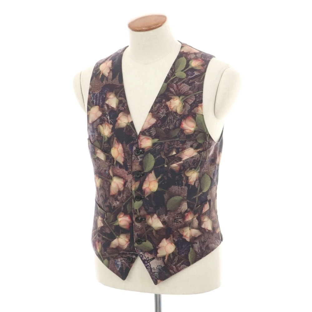【中古】ポールスミスコレクション PAUL SMITH COLLECTION コットン ボタニカル柄 プリント カジュアル系ジレ ベスト ダークネイビーxグリーン【サイズL】【メンズ】