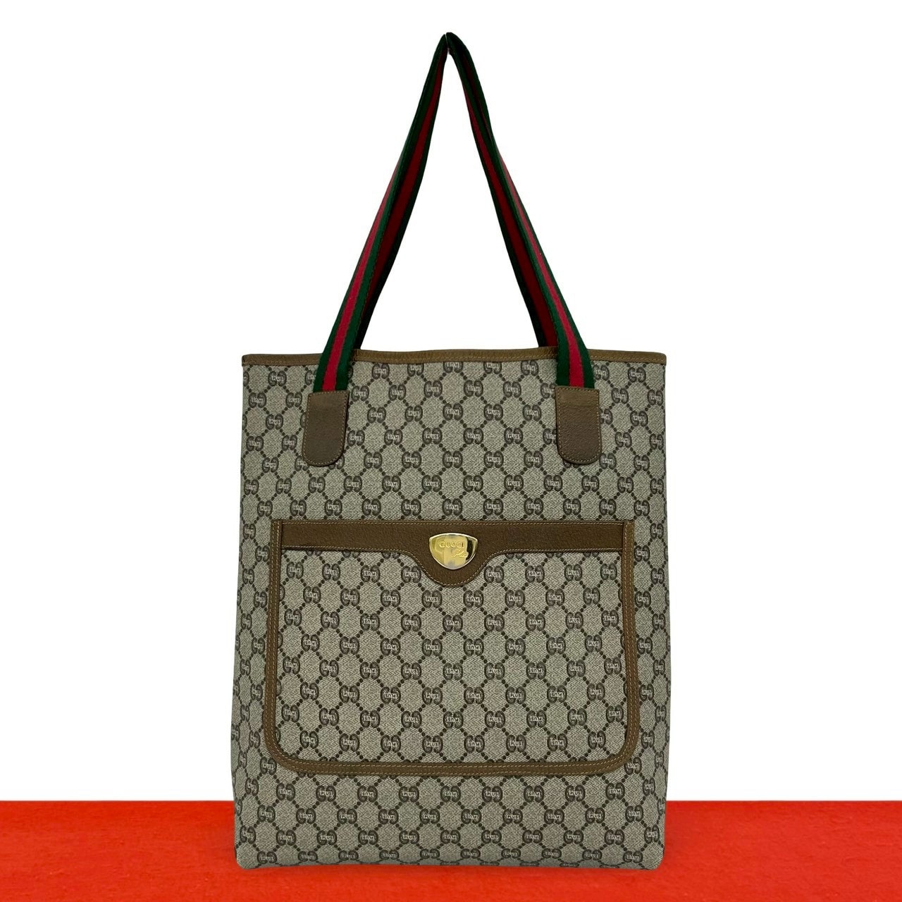 GUCCI グッチ シェリーライン グッチプラス ロゴ 金具 レザー PVC トートバッグ ブラウン
84093