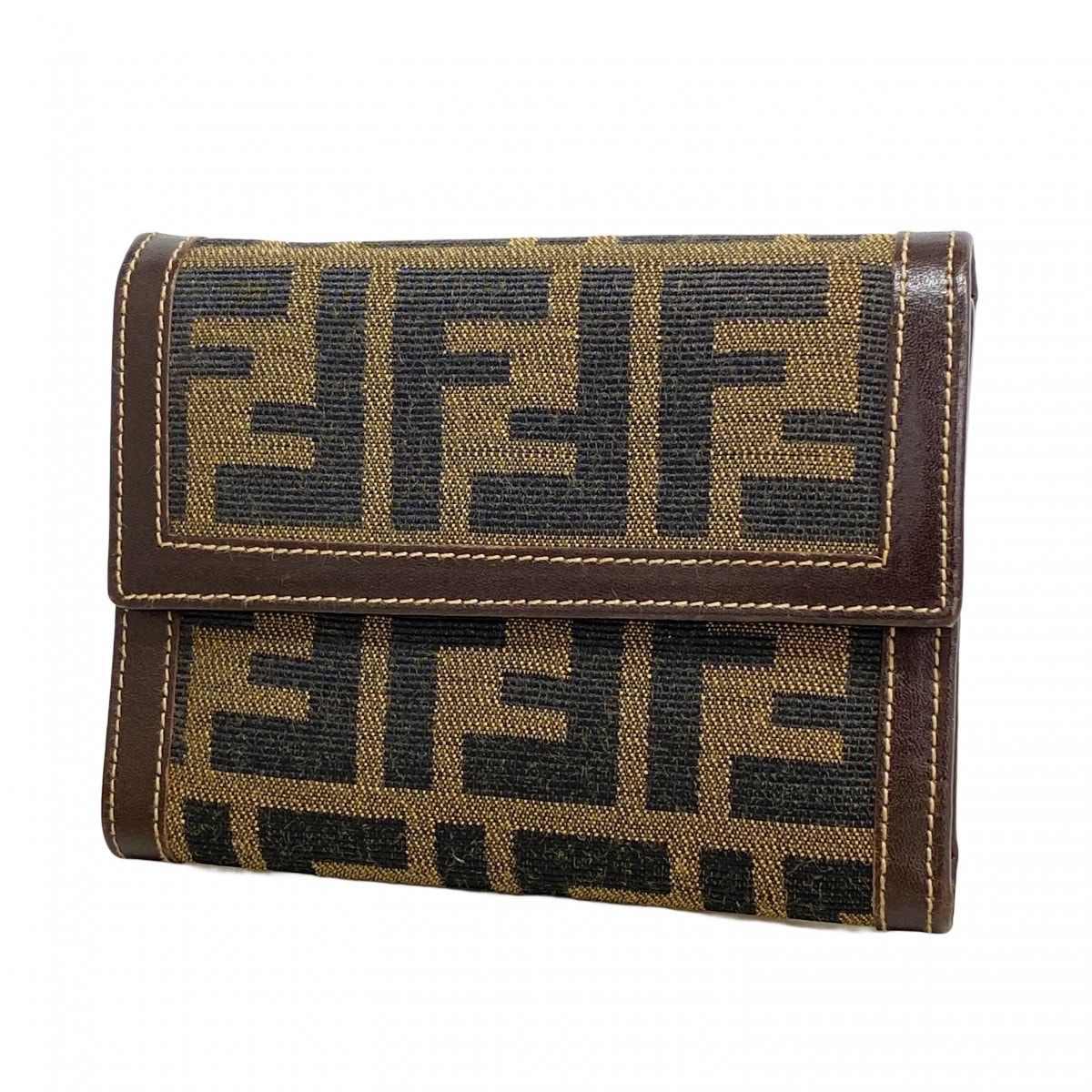 【6ec2852】フェンディ 三つ折り財布 ズッカ ナイロンキャンバス ブラウン ゴールド金具【中古】レディース