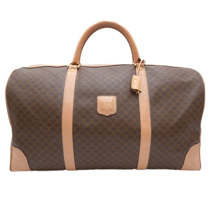 CELINE(セリーヌ)マカダム ヴィンテージ ボストンバッグ トラベルバッグ ブラウン PVC レザー ゴールド金具 大容量 レディース【中古】