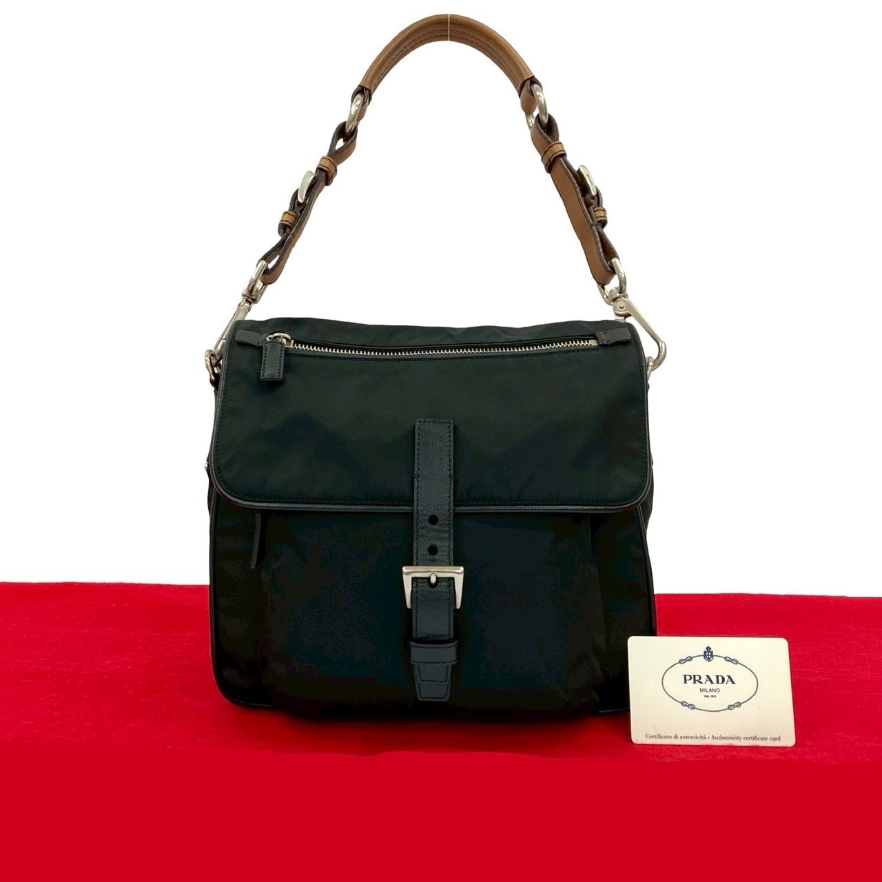 PRADA プラダ 三角ロゴ 金具 レザー ナイロン ハンドバッグ ブラック
83297