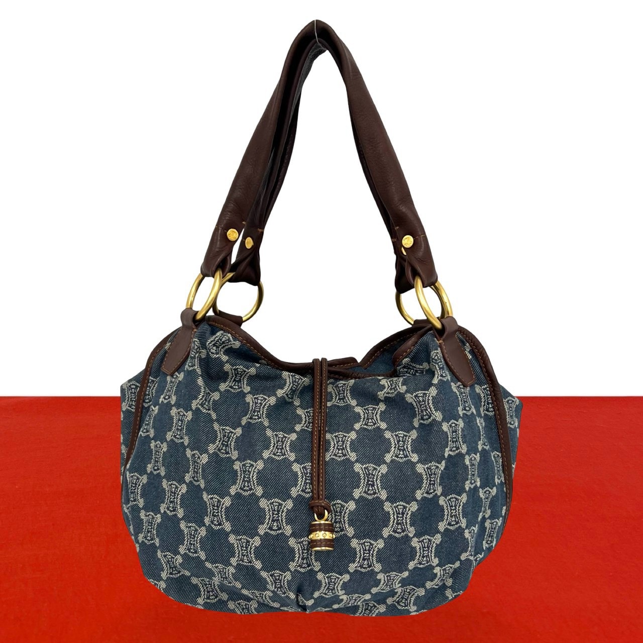 CELINE セリーヌ ビタースウィート マカダム ブラゾン トリオンフ ロゴ デニム レザー ショルダーバッグ ブルー
 51830