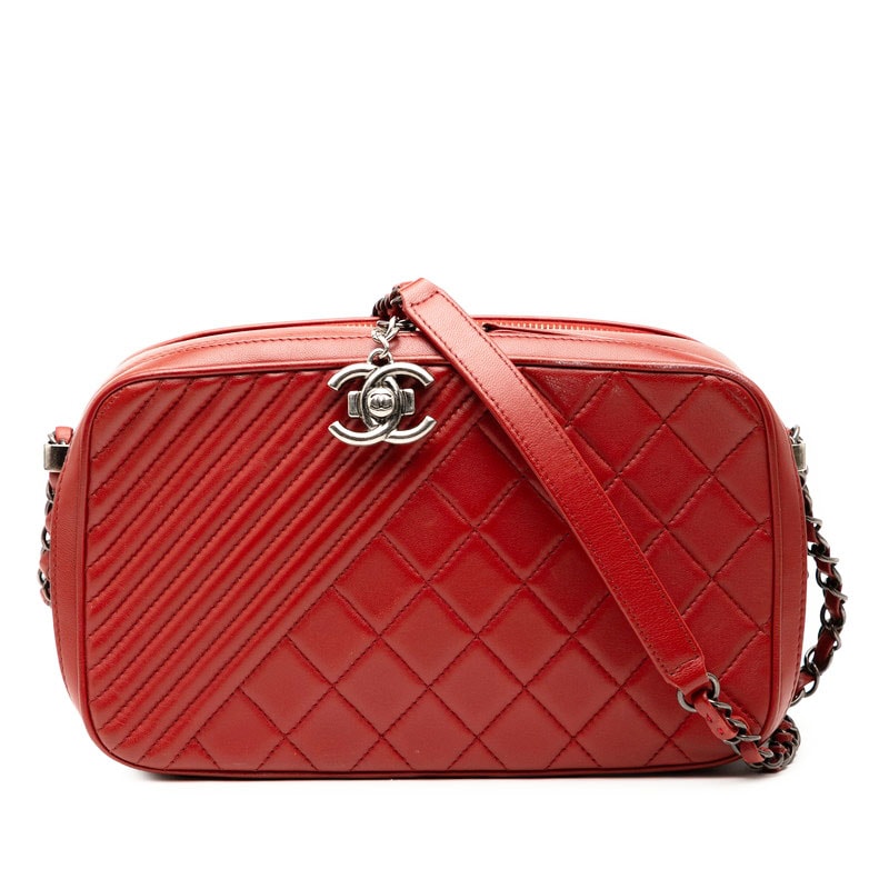シャネル マトラッセ ココボーイ チェーン ショルダーバッグ カメラバッグ レッド ラムスキン レディース CHANEL 中古