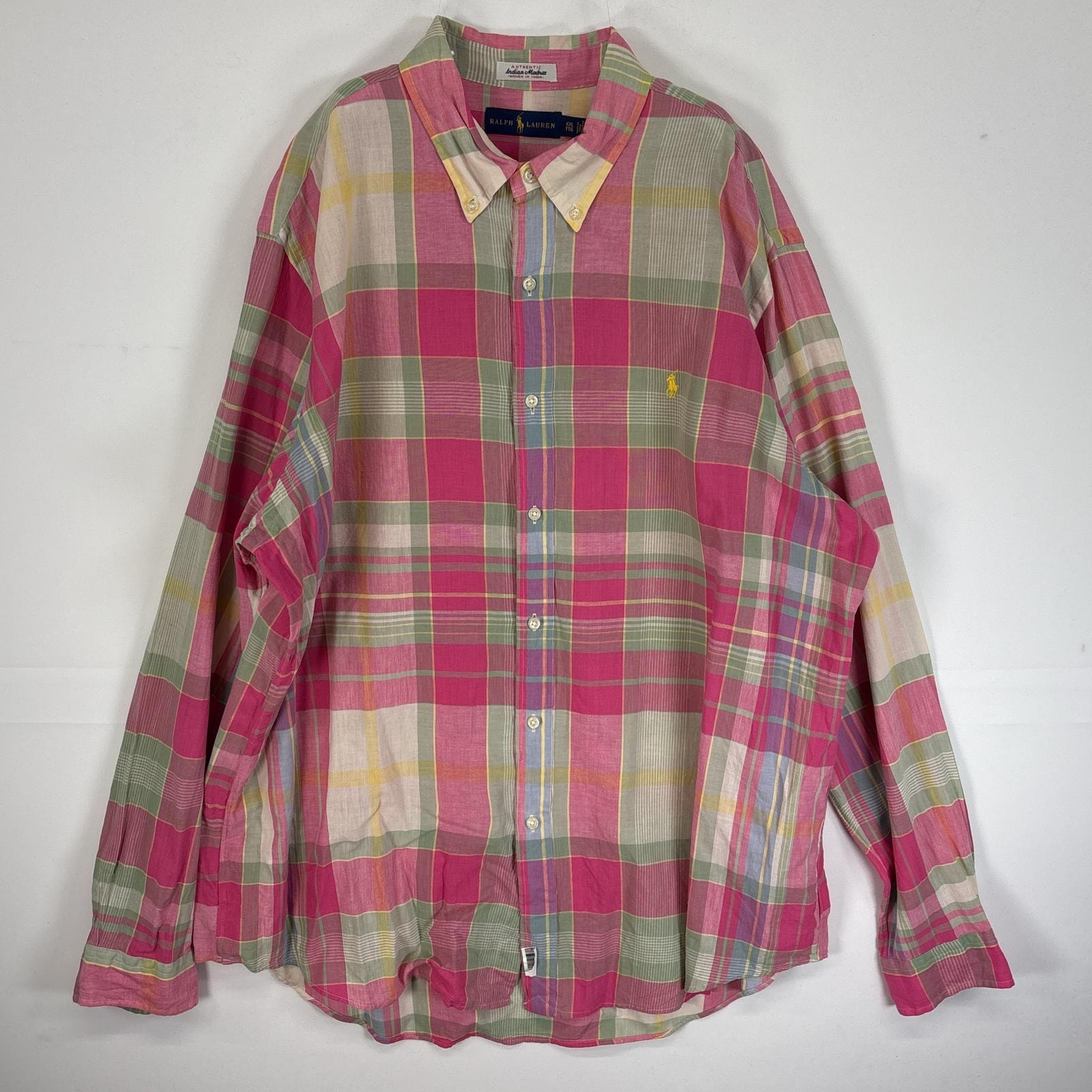 古着 ラルフローレン RALPH LAUREN 長袖シャツ Indian madras マドラスチェック柄 ロゴ 刺繍 大きいサイズ 14041  ピンク系 マルチカラー メンズ