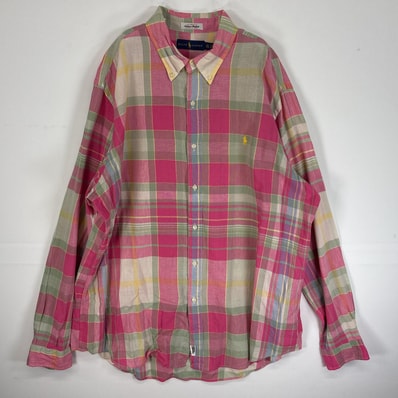 古着 ラルフローレン RALPH LAUREN 長袖シャツ Indian madras マドラスチェック柄 ロゴ 刺繍 大きいサイズ 14041 ピンク系 マルチカラー メンズ