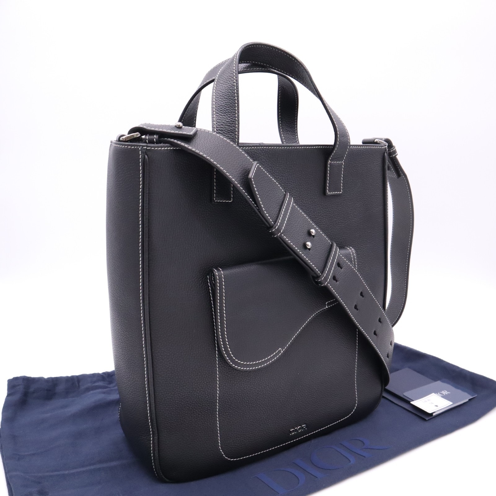 美品 Christian Dior クリスチャンディオール サドルショッパー 2WAY ショルダー トートバッグ 1ADSH175YKK H00N 2wayトートバッグ ブラック シルバー レザー メンズ
