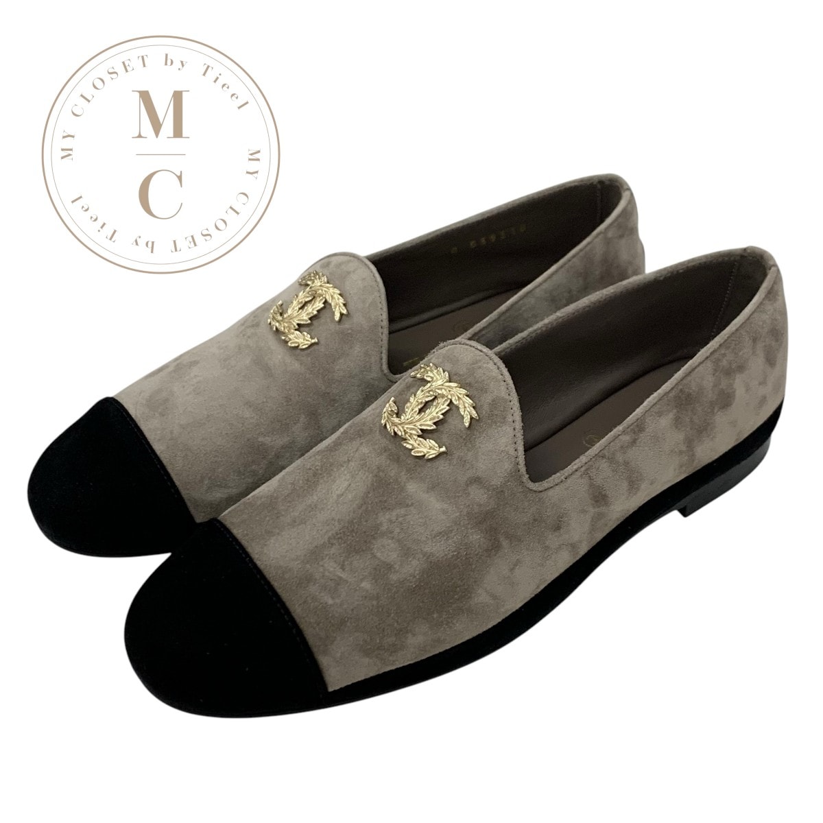 シャネル CHANEL フラットシューズ 靴 シューズ スエード グレー ブラック ゴールド ココマーク ローファー
