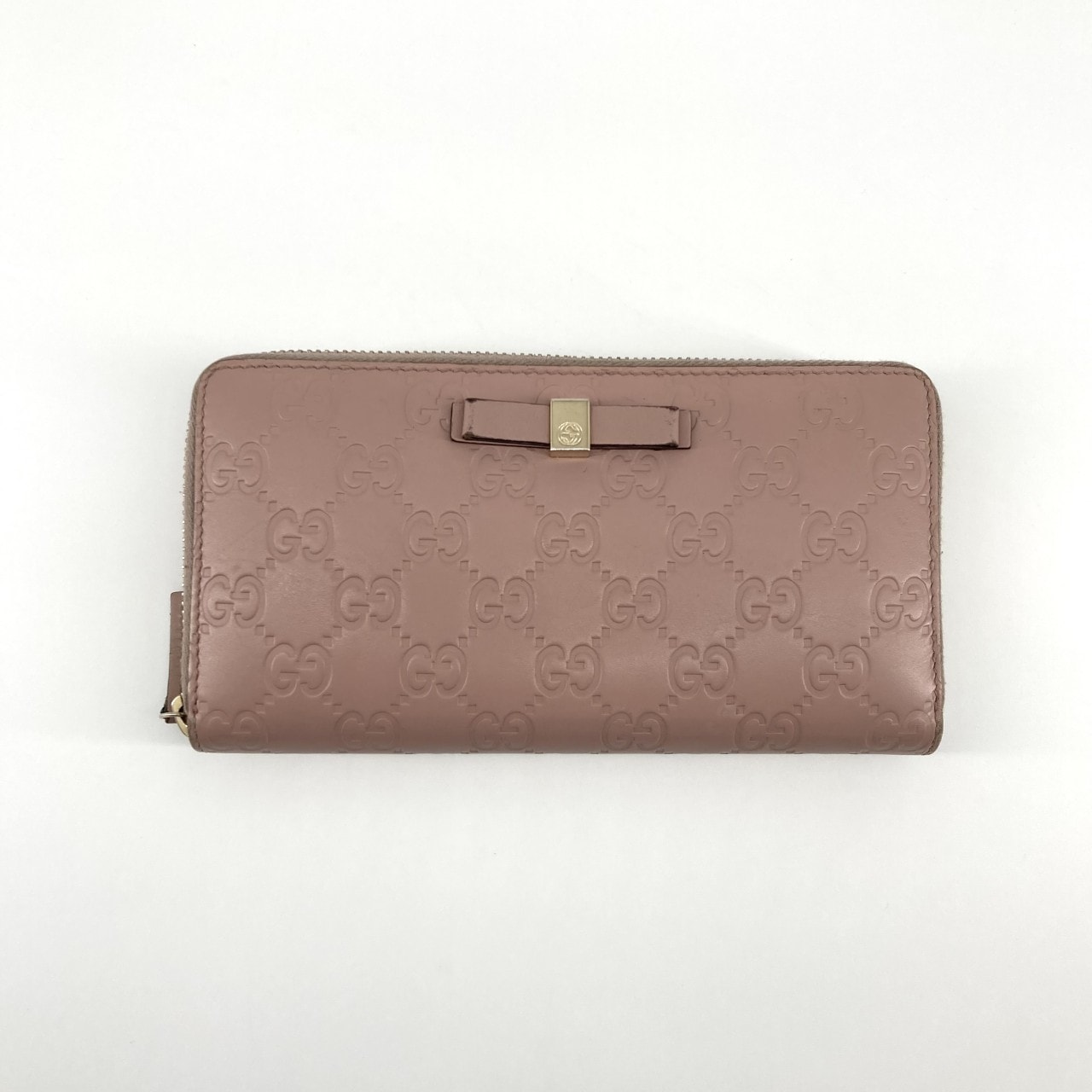 GUCCI(グッチ) グッチシマ リボンモチーフ レザー ラウンドファスナー 388680 長財布 ピンクベージュ