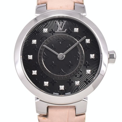ルイ・ヴィトン LOUIS VUITTON QA143 タンブール 11Pダイヤモンド SS/レザー クォーツ メンズ 美品 P#146201