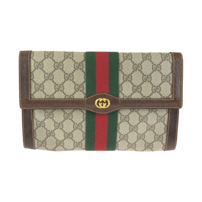 GUCCI グッチ ヴィンテージ シェリーライン グレー ブラウン ゴールド金具 GGスプリームキャンバス レザー/ クラッチバッグ セカンドバッグ 602280 【中古】