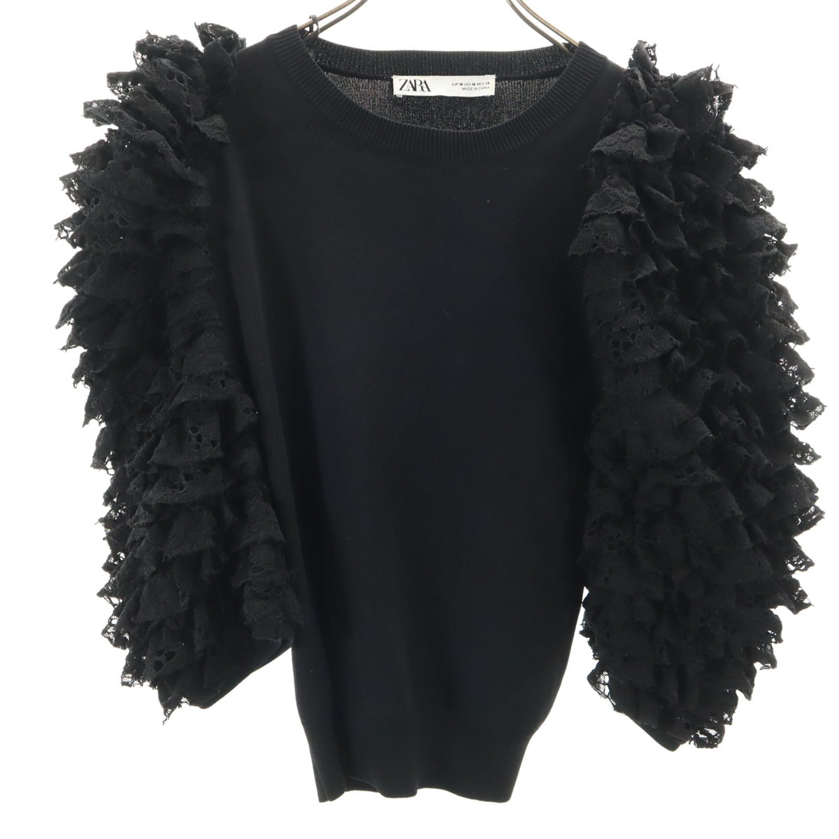 ZARA ザラ 7分袖 レーススリーブ ニット M ブラック