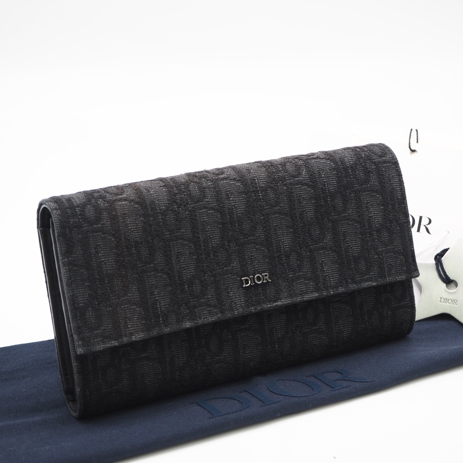 美品 Dior ディオール ディオール オブリーク ジャカード グレインドカーフスキン ロング フラップウォレット 2ESBC312YSE 長財布 ブラック グレー キャンバス レザー メンズ