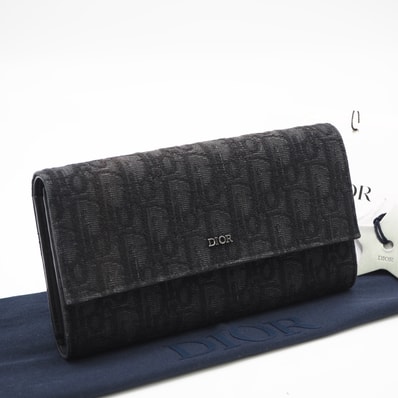 美品 Dior ディオール ディオール オブリーク ジャカード グレインドカーフスキン ロング フラップウォレット 2ESBC312YSE 長財布 ブラック グレー キャンバス レザー メンズ