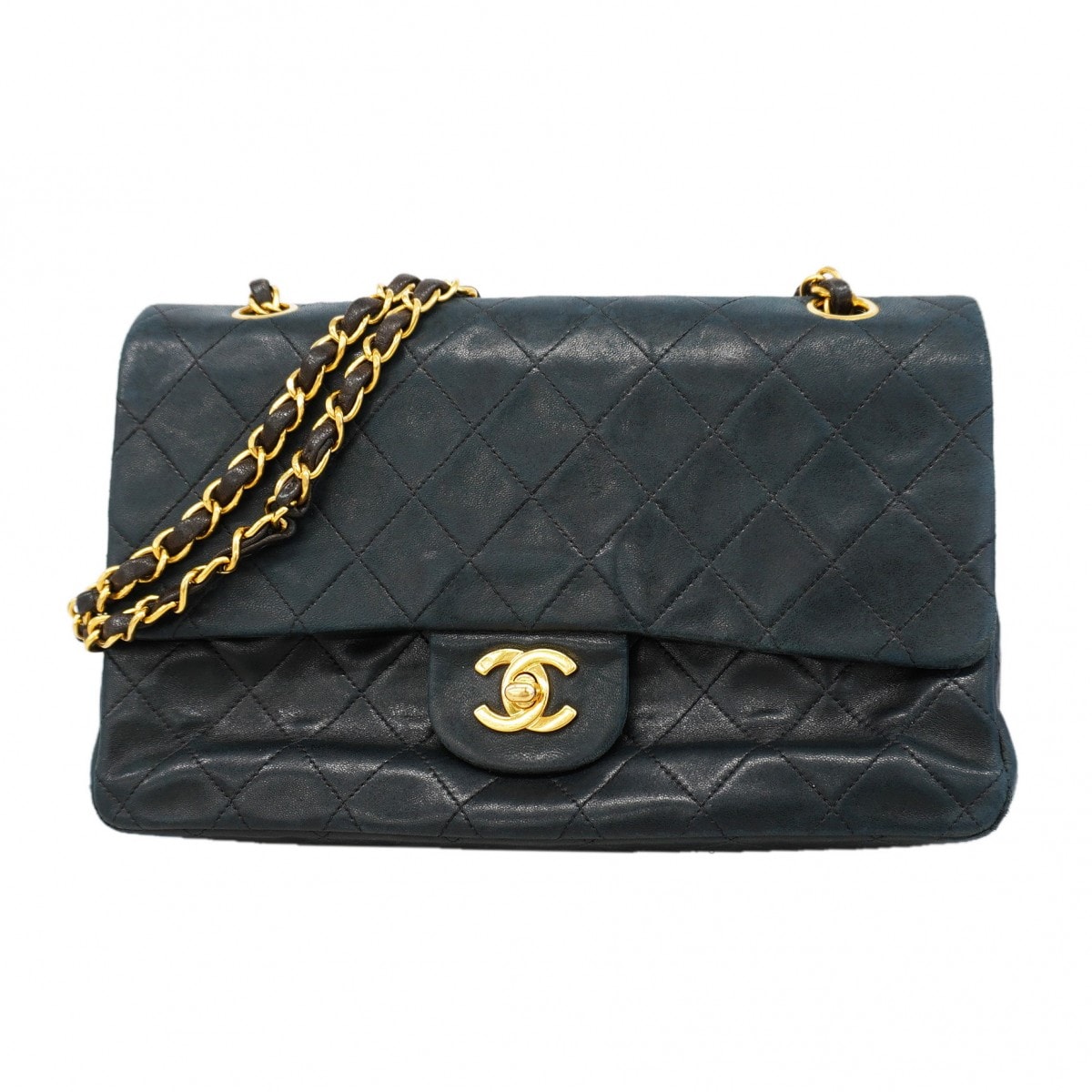 【6gd4958】シャネル ショルダーバッグ マトラッセ Wフラップ Wチェーン ラムスキン ブラック ゴールド金具【中古】レディース