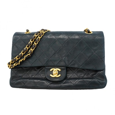 【6gd4958】シャネル ショルダーバッグ マトラッセ Wフラップ Wチェーン ラムスキン ブラック ゴールド金具【中古】レディース