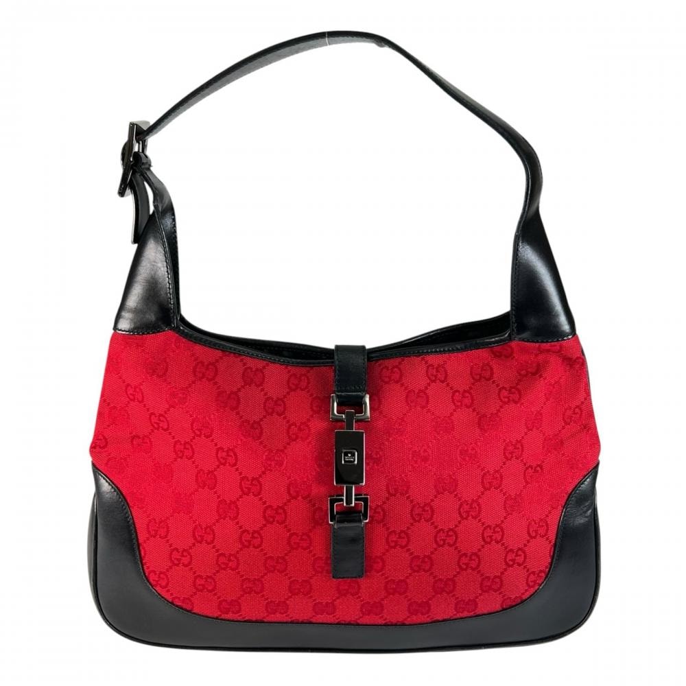 GUCCI グッチ ハンドバッグ ジャッキー ワンショルダー 肩掛け 0013306 GGキャンバス  レザー   レッド 赤 ブラック 黒 シルバー金具 レディース【中古品】