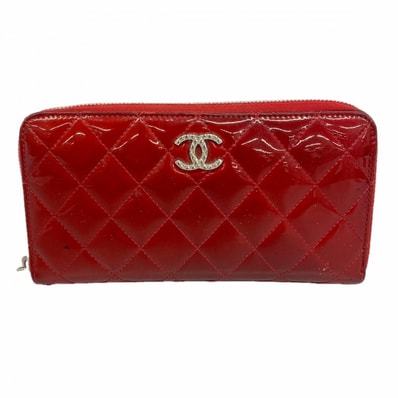 【6dd4822】シャネル 長財布 マトラッセ ブリリアント パテントレザー レッド シルバー金具【中古】レディース