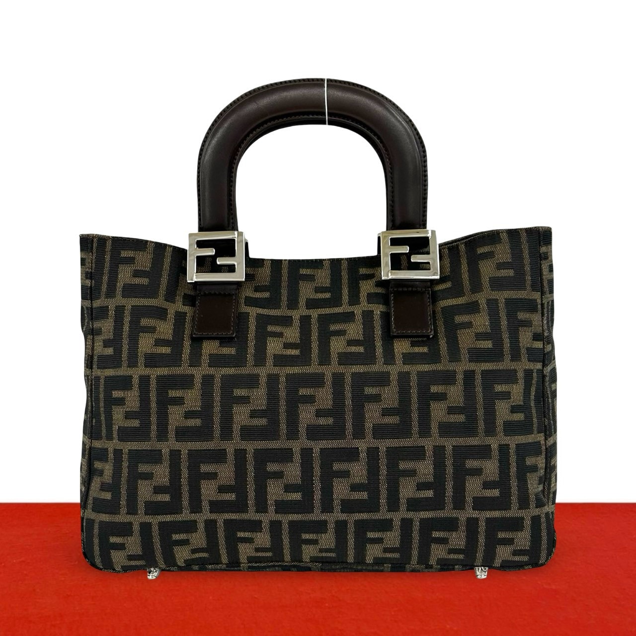 FENDI フェンディ ズッカ FF 柄 キャンバス レザー ハンドバッグ ブラウン
 923-5