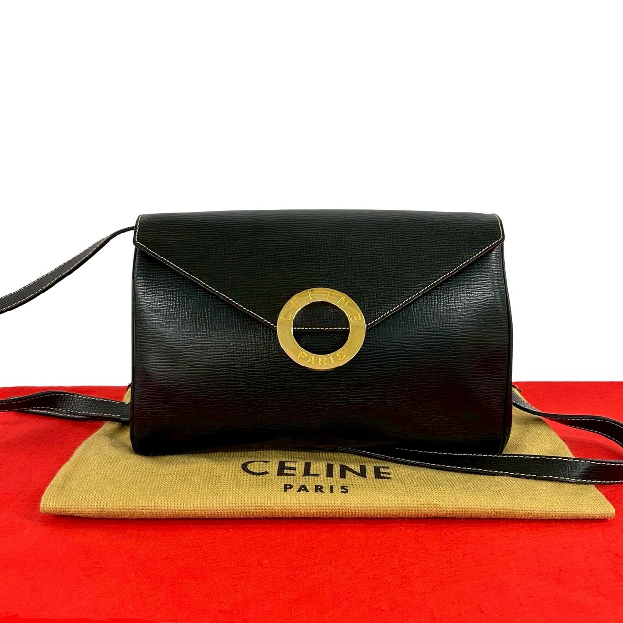 CELINE セリーヌ サークルロゴ 金具 レザー ショルダーバッグ ブラック
 74001