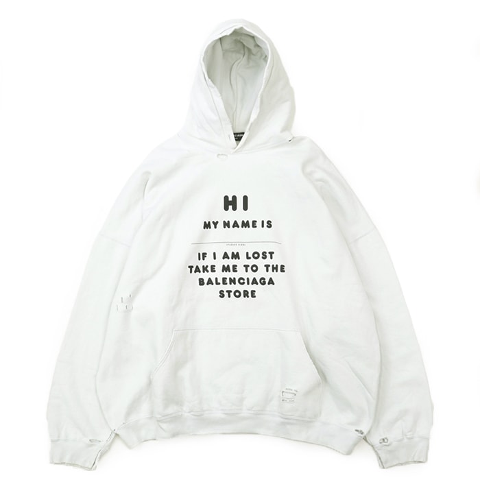 【SALE】BALENCIAGA バレンシアガ スウェット サイズ XS メンズ フーディー HI MY NAME IS プリント/ダメージ 2021年製 オーバーサイズ パーカー トップス オフホワイト 白 ポルトガル製