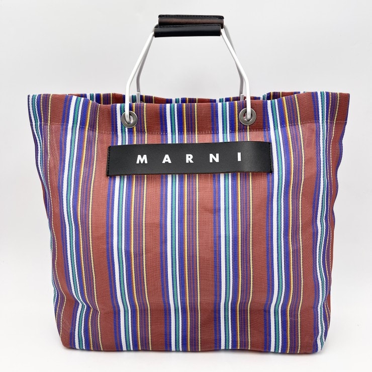 MARNI(マルニ)フラワーカフェ ストライプバッグ トートバッグ マルチカラー PVC系素材 シルバー金具 レディース 【中古】