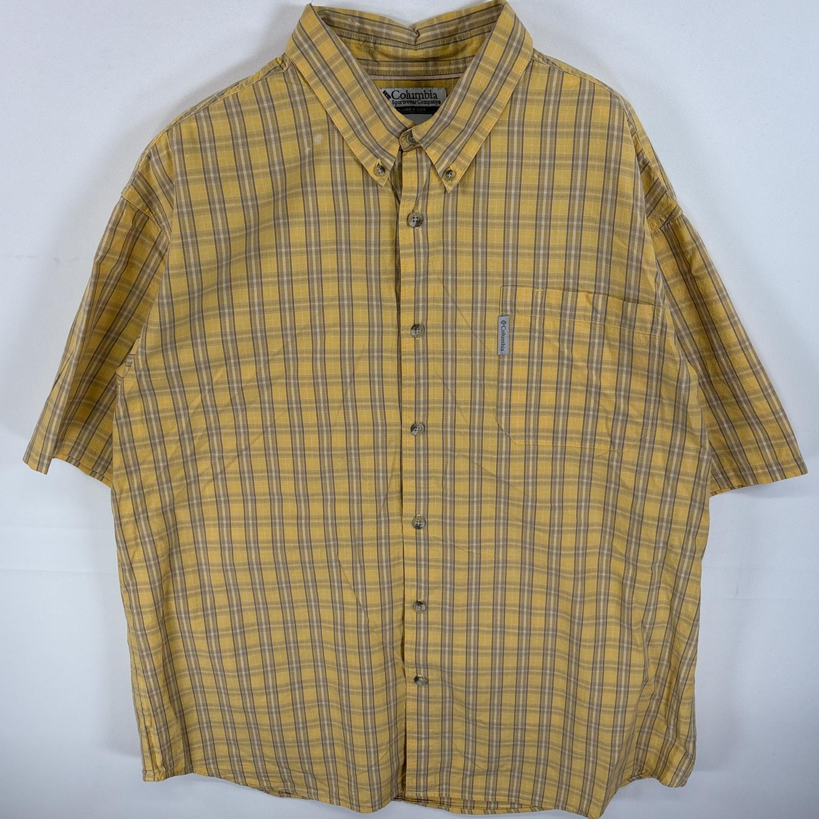 古着 コロンビア Columbia 半袖シャツ ワンポイント ロゴ ボタンダウンシャツ 胸ポケ  イエロー チェック メンズ