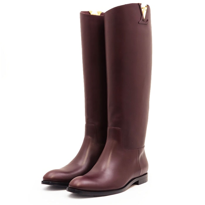 【極美品】LOUIS VUITTON ルイ・ヴィトン ロングブーツ レザー LV ロゴ モノグラム メタルパーツ レザーソール フラットヒール シューズ 靴 レディース サイズ 36h バーガンディ 赤紫 イタリア製