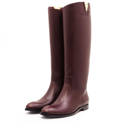 【極美品】LOUIS VUITTON ルイ・ヴィトン ロングブーツ レザー LV ロゴ モノグラム メタルパーツ レザーソール フラットヒール シューズ 靴 レディース サイズ 36h バーガンディ 赤紫 イタリア製