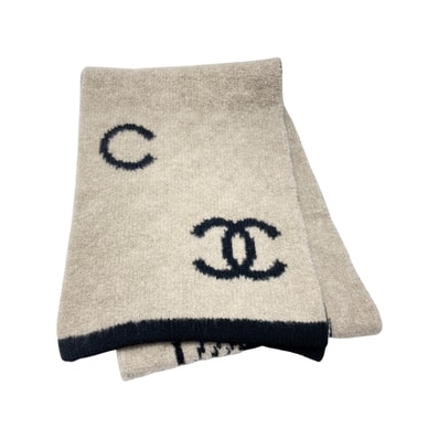 ☆☆CHANEL シャネル ロゴ カメリア マフラー ベージュ×ブラック ウール/カシミヤ/シルク ストール