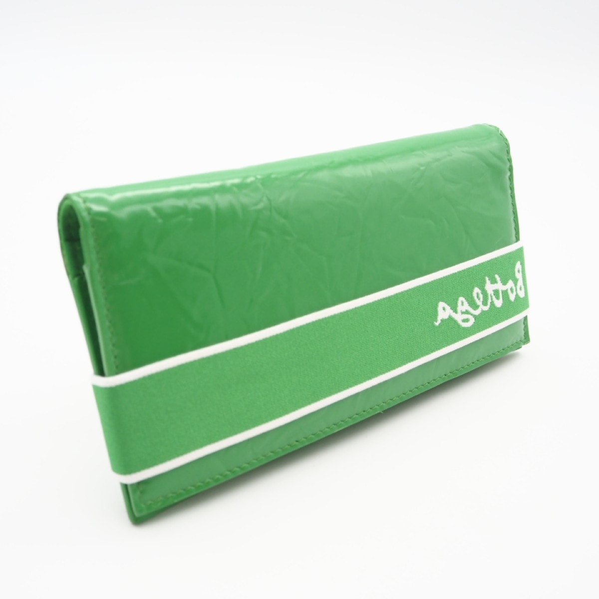 極美品 BOTTEGAVENETA ボッテガヴェネタ ロゴバンド 二つ折り長財布 701271 長財布 グリーン エナメル メンズ