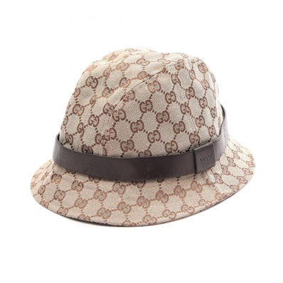 グッチ GUCCI GGキャンバス ハット 帽子 キャンバス レザー メンズ レディース ベージュ系 / ブラウン系 【中古】