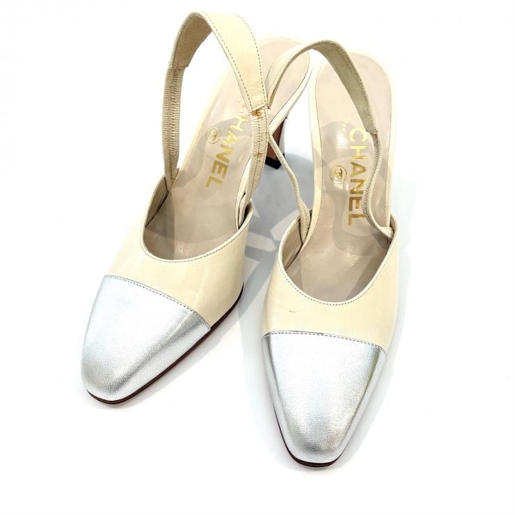 シャネル CHANEL #35 1/2 スリングバック ミュール パンプス サンダル 靴 ベージュ シルバー レザー 正規品【鑑定済み】