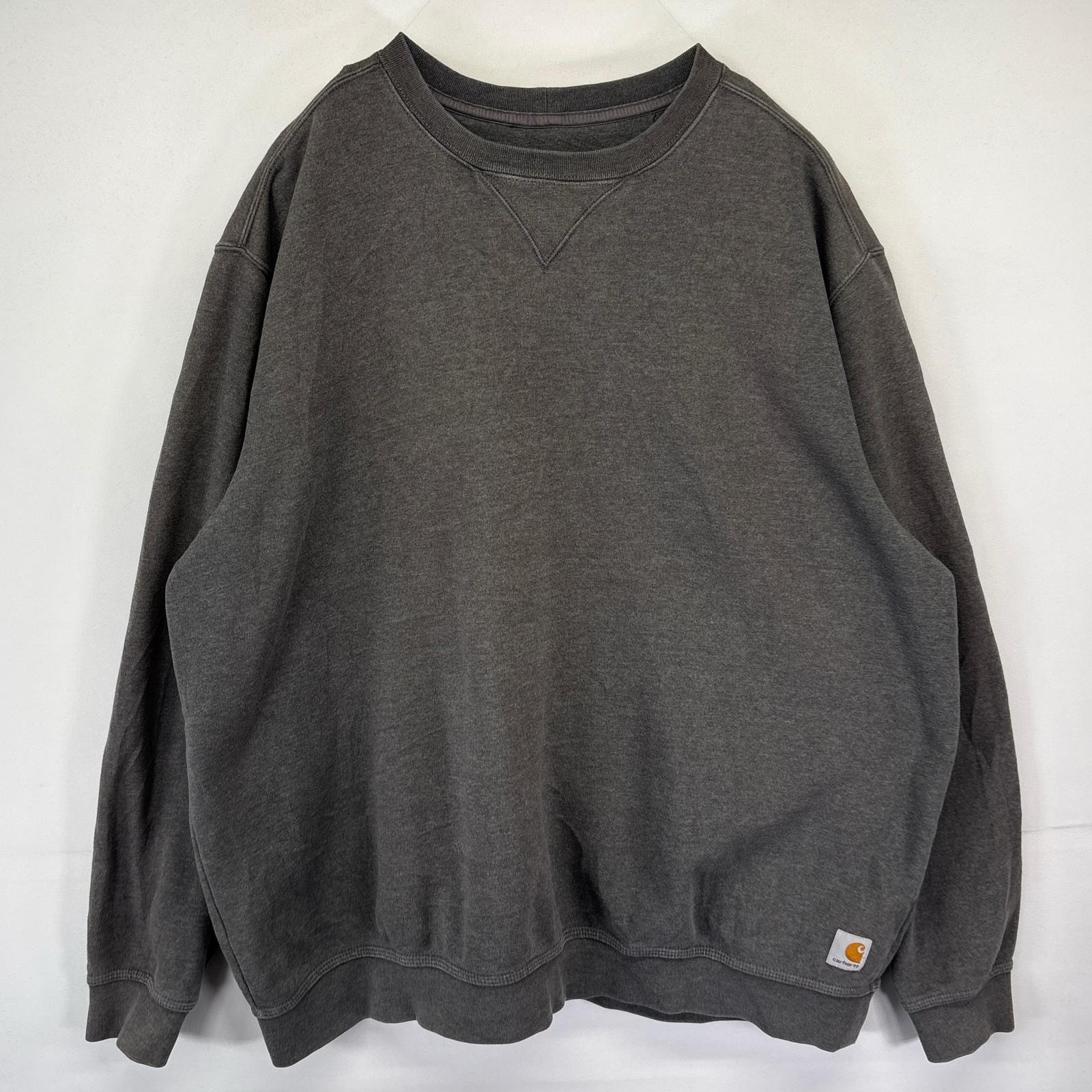 古着 カーハート Carhartt スウェット トレーナー クルーネック 前V ワンポイントロゴ 大きいサイズ 2XL  ダークグレー系 メンズ