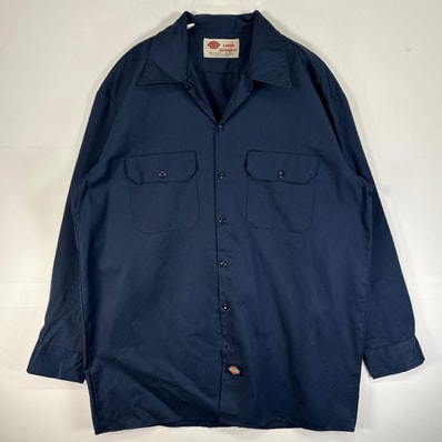 古着 ディッキーズ Dickies 長袖シャツ ワーク フラップポケ 作業着 ワンポイント ロゴ L ネイビー 無地 メンズ