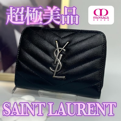 超極美品 SAINT LAURENT カサンドラ コンパクト 二つ折り財布 Vステッチ ブラック レディース メンズ