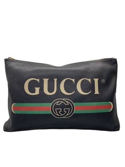 GUCCI Vintage Logo Print Portfolio Leather Clutch Bag "Black"