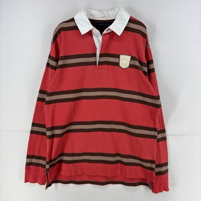 古着 トミーヒルフィガー TOMMY HILFIGER 長袖シャツ ラガーシャツ ワッペン ブラウン L オレンジ系 ボーダー メンズ